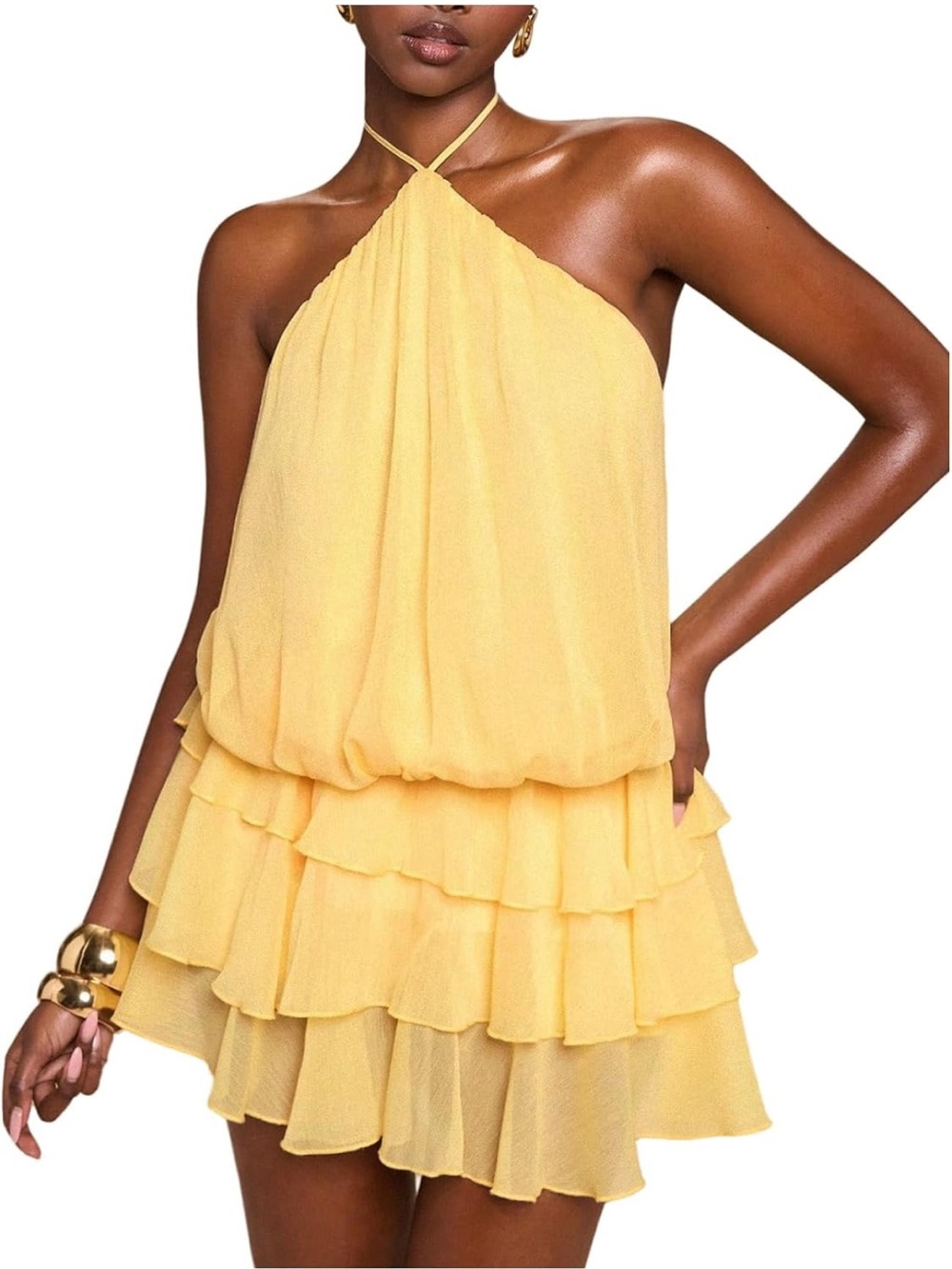 Yellow Halter Bubble Ruffle Dress